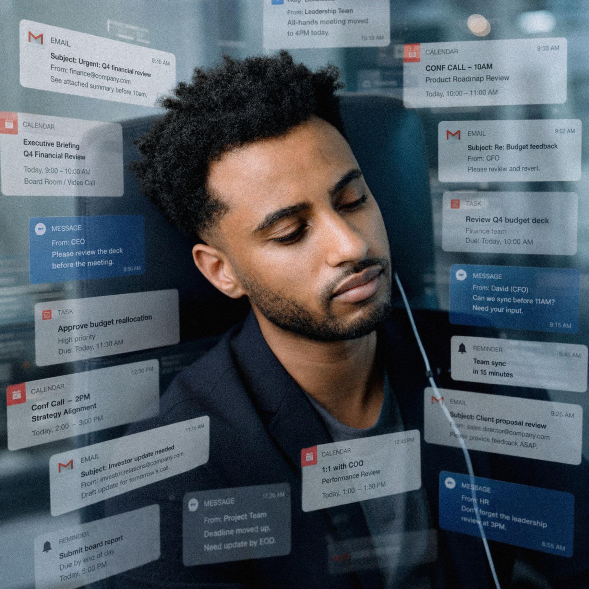 Kentucky Counseling Center | Why Everyday Stress Can Leave You Mentally Foggy A man surrounded by overlapping work notifications